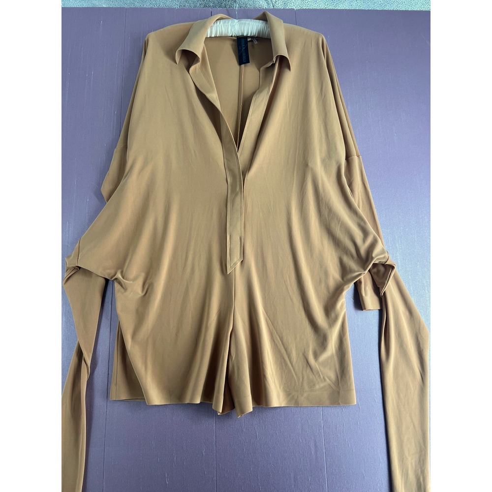 Norma Kamali Minimalist Tan Long Sleeve Tie Front Designer Romper Playsuit S - Picture 9 of 16
